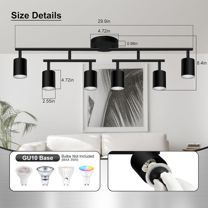 AUQUEE 6 Light Track Lighting Fixtures Ceiling, Matte Black Kichen Track Lighting Fixtures with Rotatable Light Heads, Upgrade Light Poles, Modern LED Sopt Lights for Kitchen/Hallway, No GU10 Bulb - Image 3